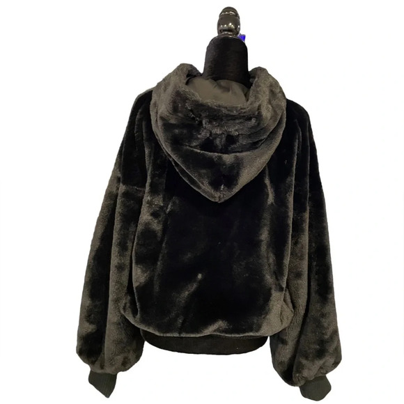 RAMY BROOK Black Onyx Hooded Faux Fur Coat Large - Picture 9 of 10